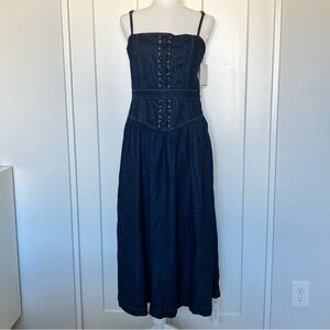 REFORMATION Florentina Denim Midi Dress Thin Straps Dark Wash Women's Size 8